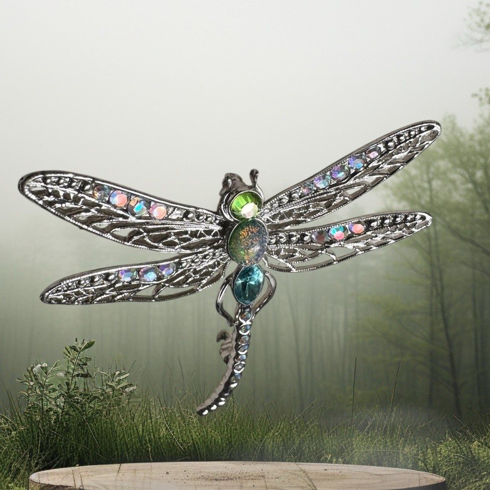 Silver Tone Jeweled Dragonfly Brooch with Green and Blue Accents